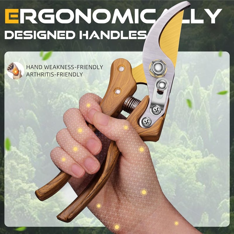 Decerk 8.5" Professional Bypass Pruning Shears – Heavy Duty Garden Scissors & Clippers for Wood & Tree Trimming, Ultra Sharp SK5 Blade, Ergonomic Handle, Perfect Gardening Gift, 2025 Wood-Like Finish - Image 5